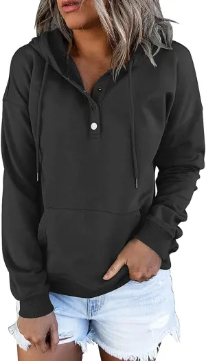 Womens Pure Color Oversized Hoodies Button V Neck Athletic Hooded Sweatshirts Fall Winter Pullover with Pocket