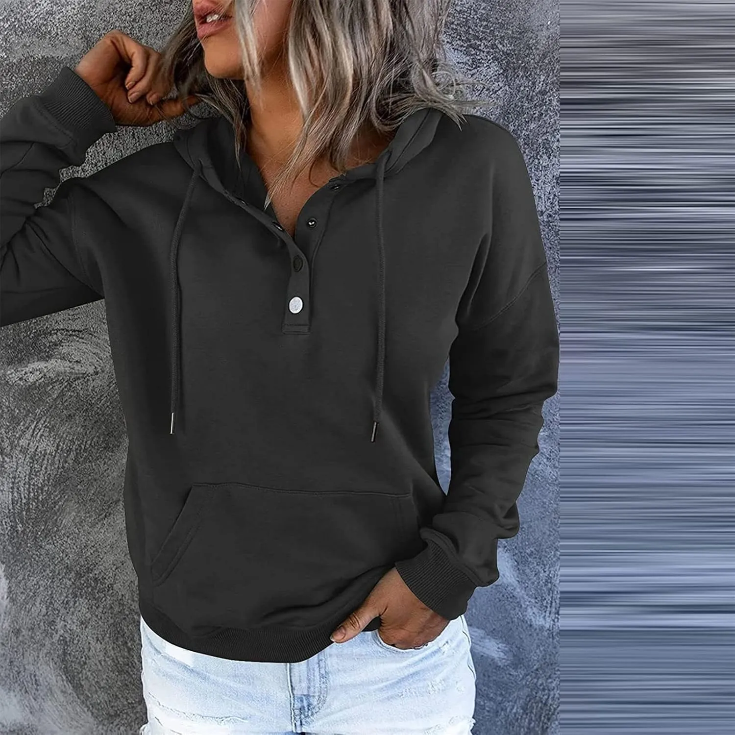 Womens Pure Color Oversized Hoodies Button V Neck Athletic Hooded Sweatshirts Fall Winter Pullover with Pocket