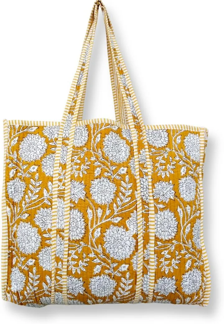 Women's Quilted Cotton Tote Bag Handprinted Reversible Hand Block Print Shoulder Bag Women Handbag Traveling Bag