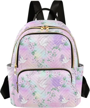 Women's Quilted Small Backpack Psychedelic Sakura Crane Mini Backpack Purse for Women College Travel Daypack
