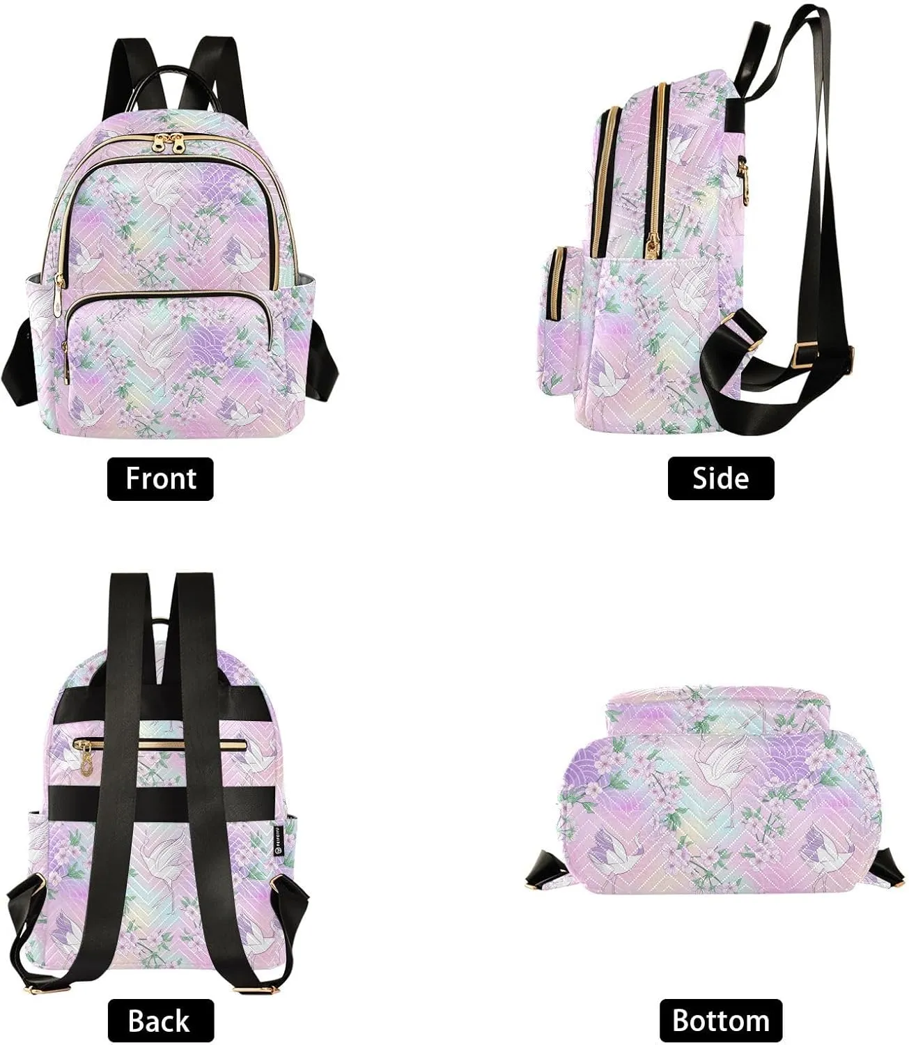 Women's Quilted Small Backpack Psychedelic Sakura Crane Mini Backpack Purse for Women College Travel Daypack