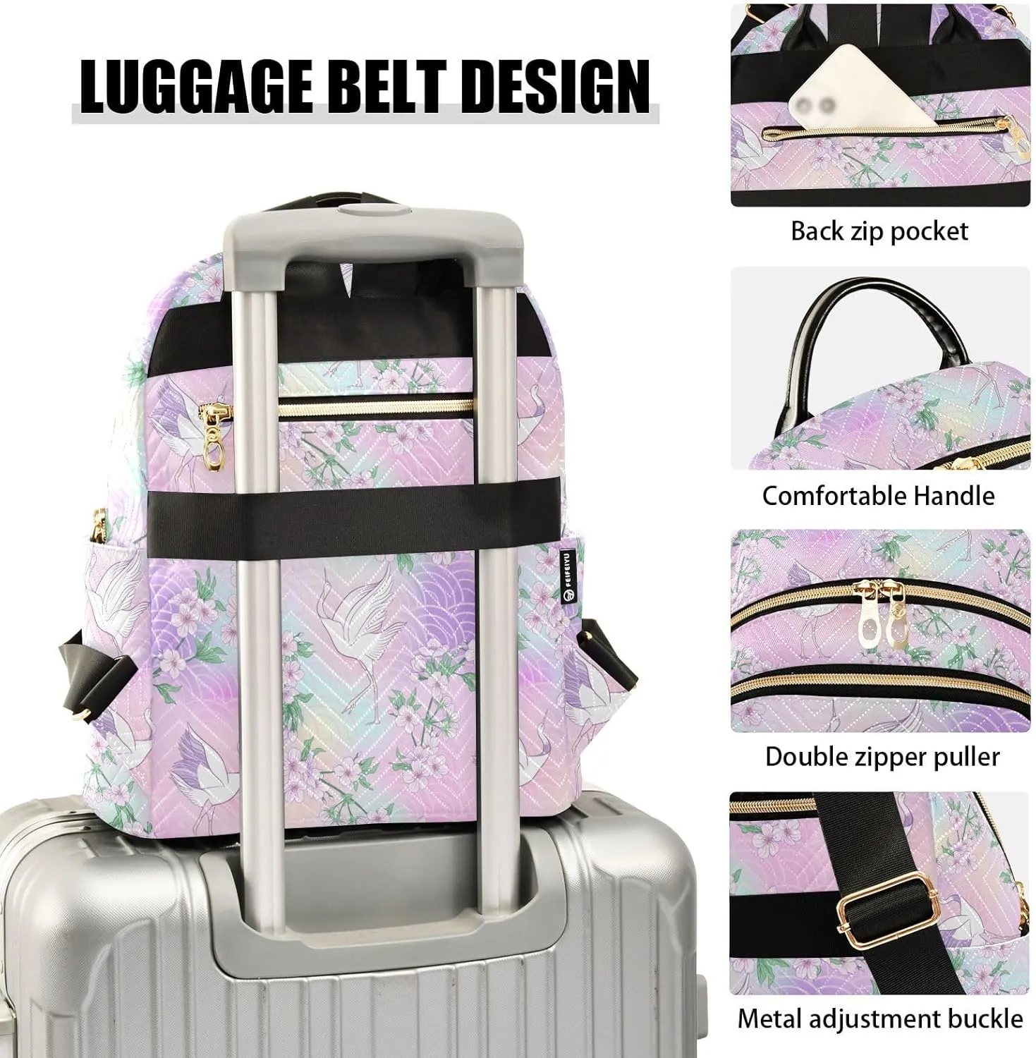 Women's Quilted Small Backpack Psychedelic Sakura Crane Mini Backpack Purse for Women College Travel Daypack