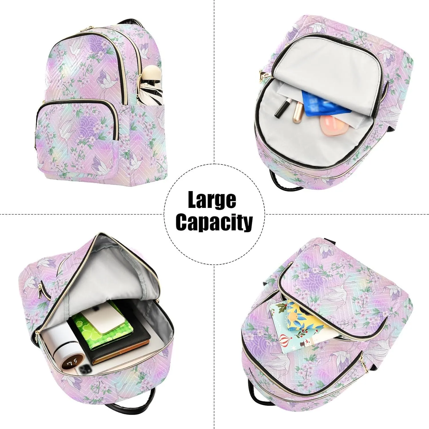 Women's Quilted Small Backpack Psychedelic Sakura Crane Mini Backpack Purse for Women College Travel Daypack