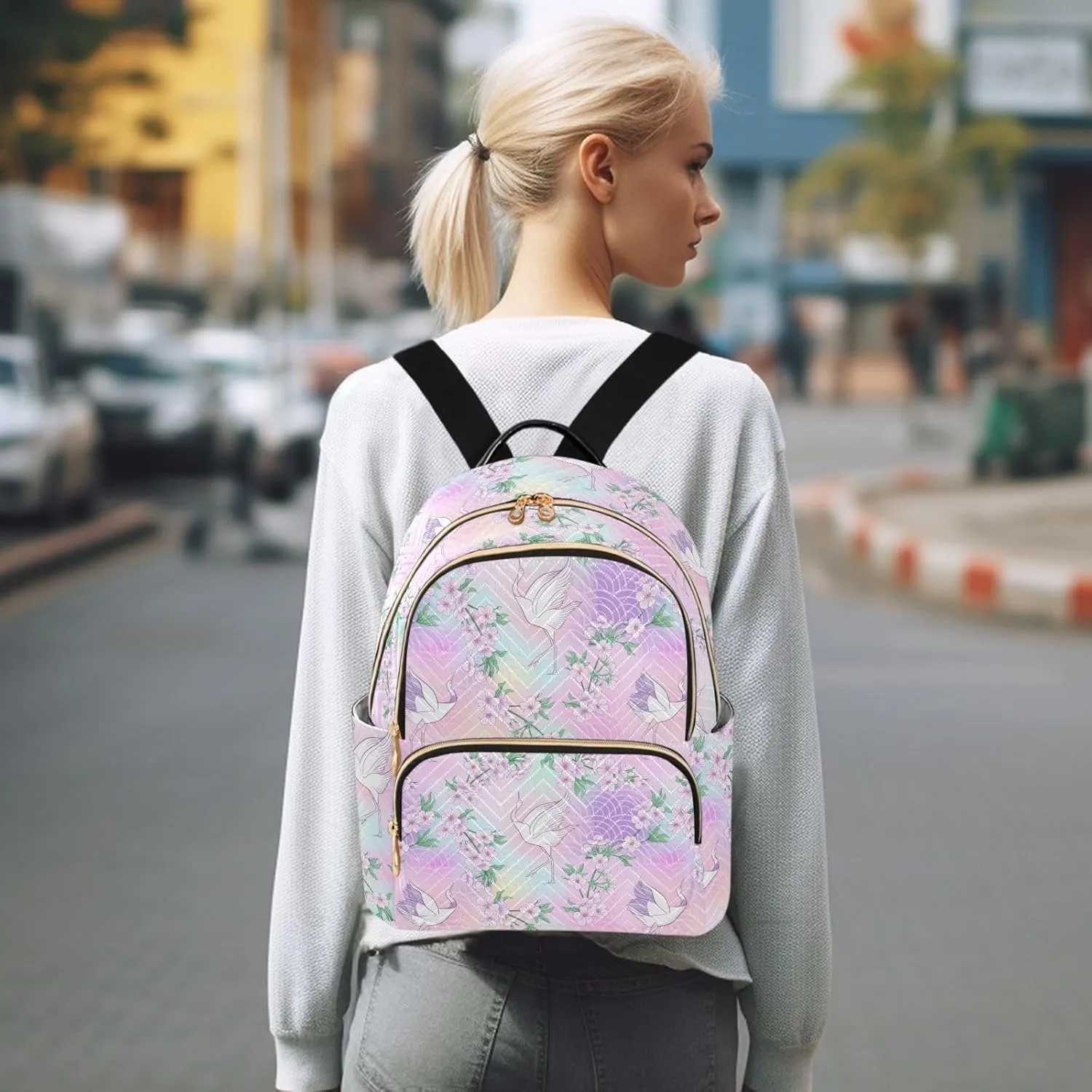 Women's Quilted Small Backpack Psychedelic Sakura Crane Mini Backpack Purse for Women College Travel Daypack