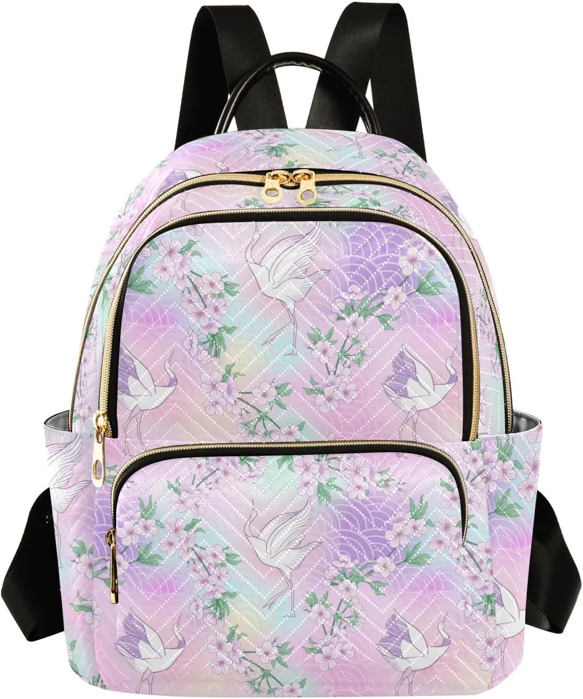 Women's Quilted Small Backpack Psychedelic Sakura Crane Mini Backpack Purse for Women College Travel Daypack