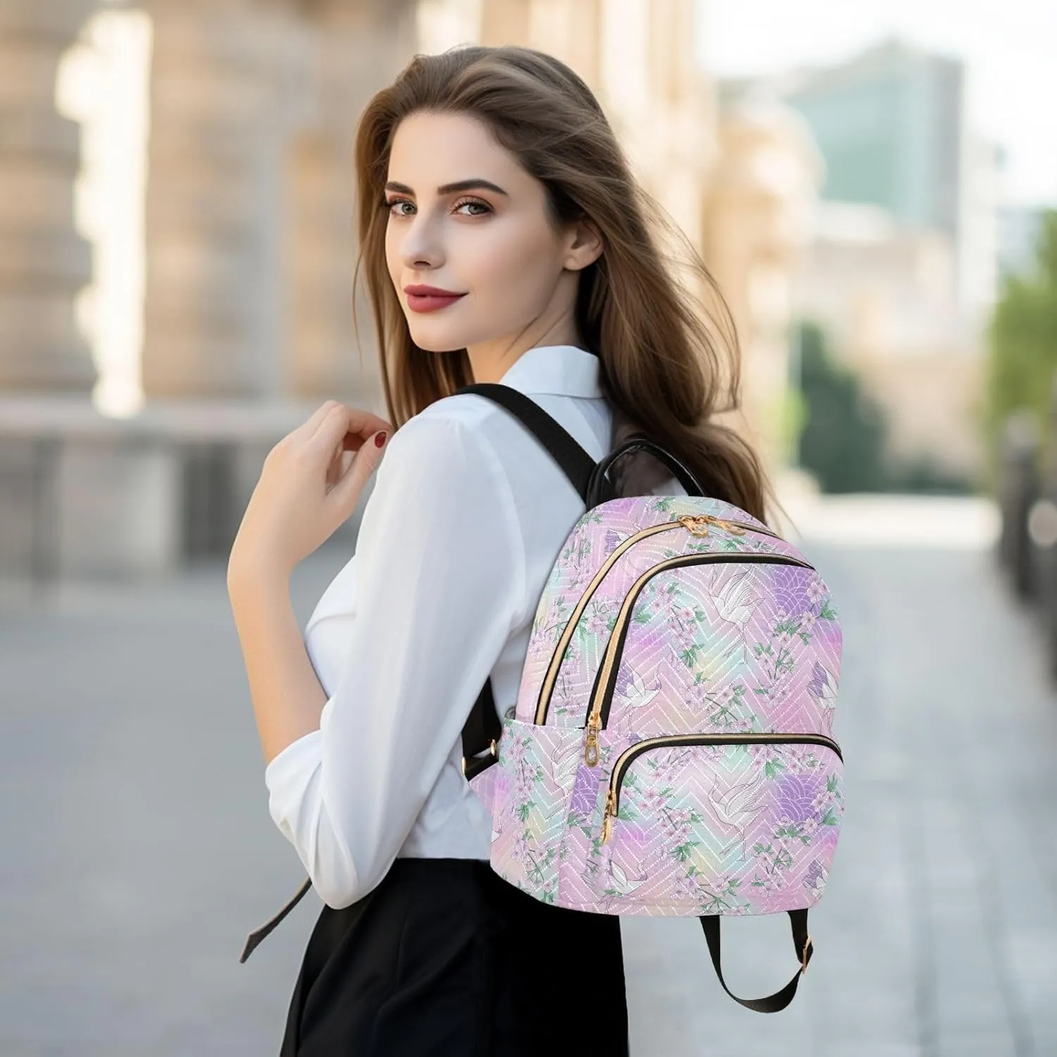 Women's Quilted Small Backpack Psychedelic Sakura Crane Mini Backpack Purse for Women College Travel Daypack