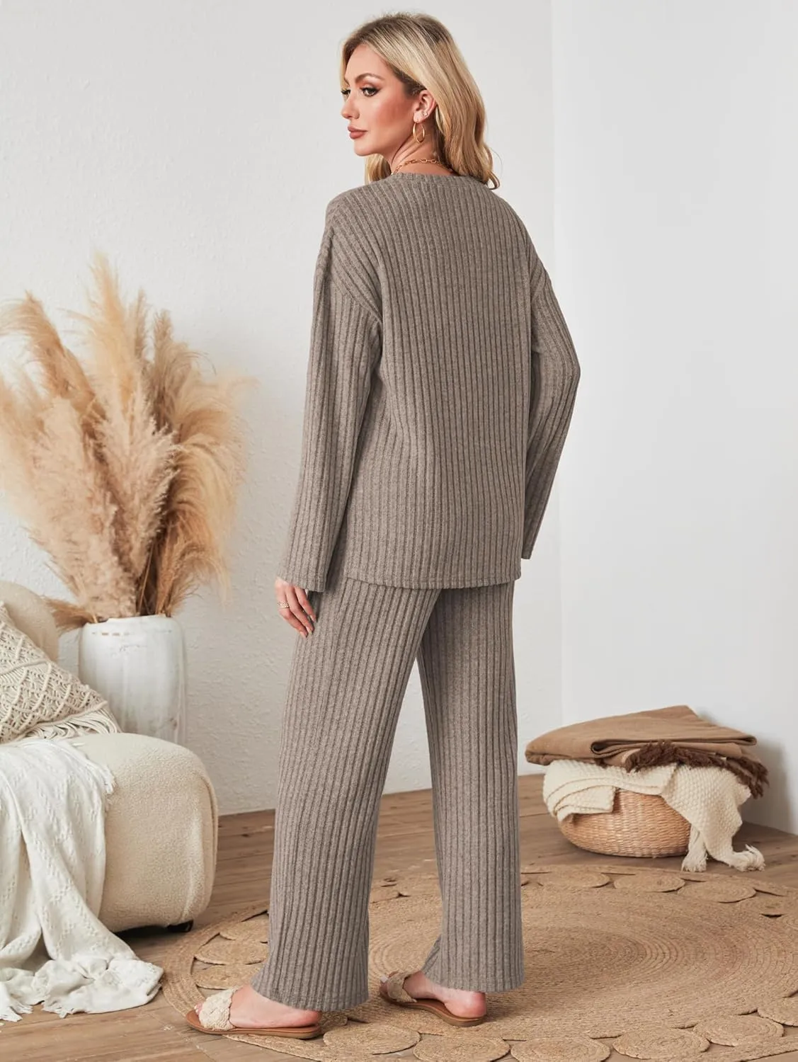 Womens Sets 2 Piece Outfits Matching Lounge Set Cozy Knit Pajamas Oversized Loungewear Fall Winter Clothes S-2XL