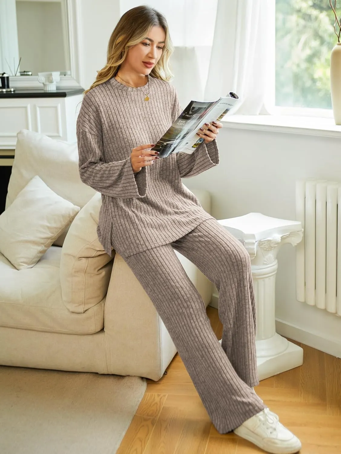 Womens Sets 2 Piece Outfits Matching Lounge Set Cozy Knit Pajamas Oversized Loungewear Fall Winter Clothes S-2XL