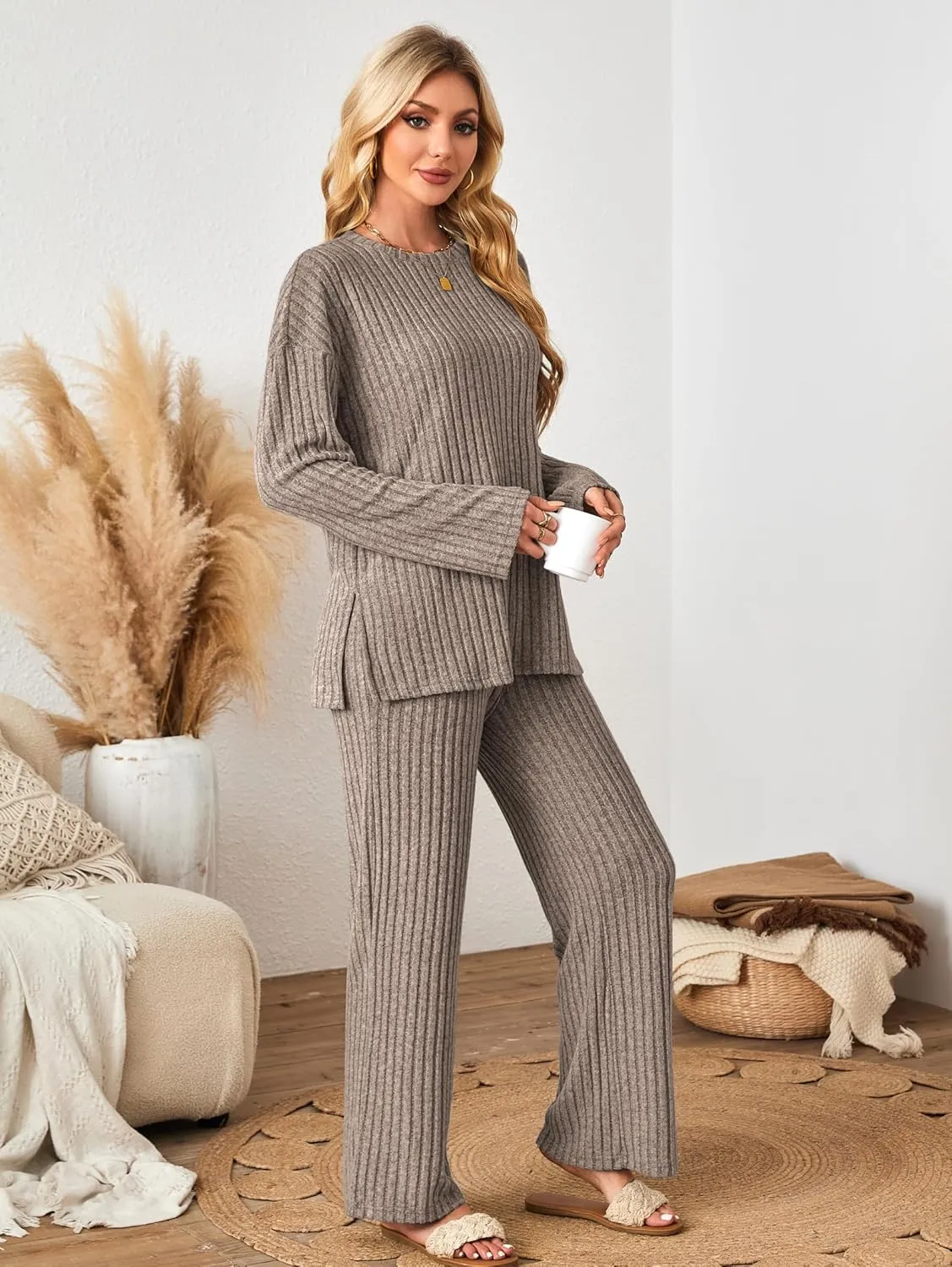 Womens Sets 2 Piece Outfits Matching Lounge Set Cozy Knit Pajamas Oversized Loungewear Fall Winter Clothes S-2XL