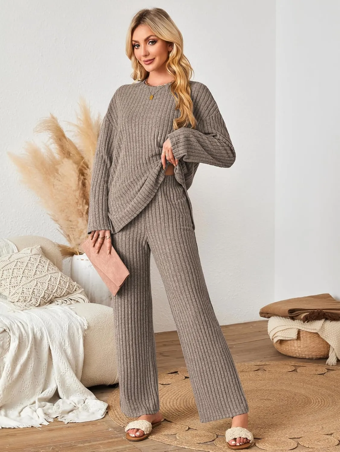 Womens Sets 2 Piece Outfits Matching Lounge Set Cozy Knit Pajamas Oversized Loungewear Fall Winter Clothes S-2XL