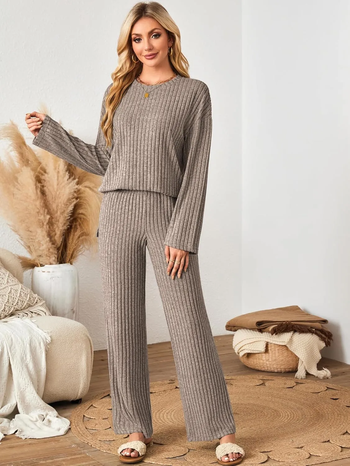 Womens Sets 2 Piece Outfits Matching Lounge Set Cozy Knit Pajamas Oversized Loungewear Fall Winter Clothes S-2XL