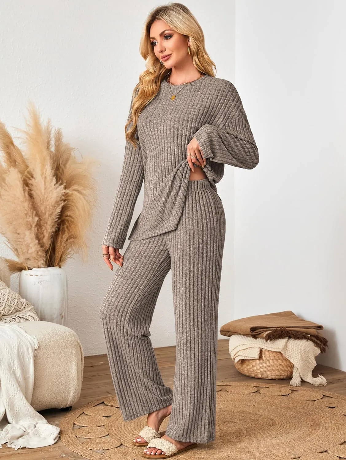 Womens Sets 2 Piece Outfits Matching Lounge Set Cozy Knit Pajamas Oversized Loungewear Fall Winter Clothes S-2XL