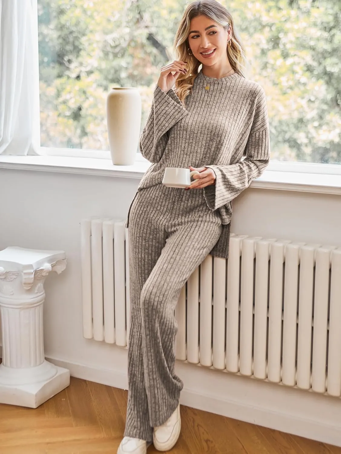 Womens Sets 2 Piece Outfits Matching Lounge Set Cozy Knit Pajamas Oversized Loungewear Fall Winter Clothes S-2XL