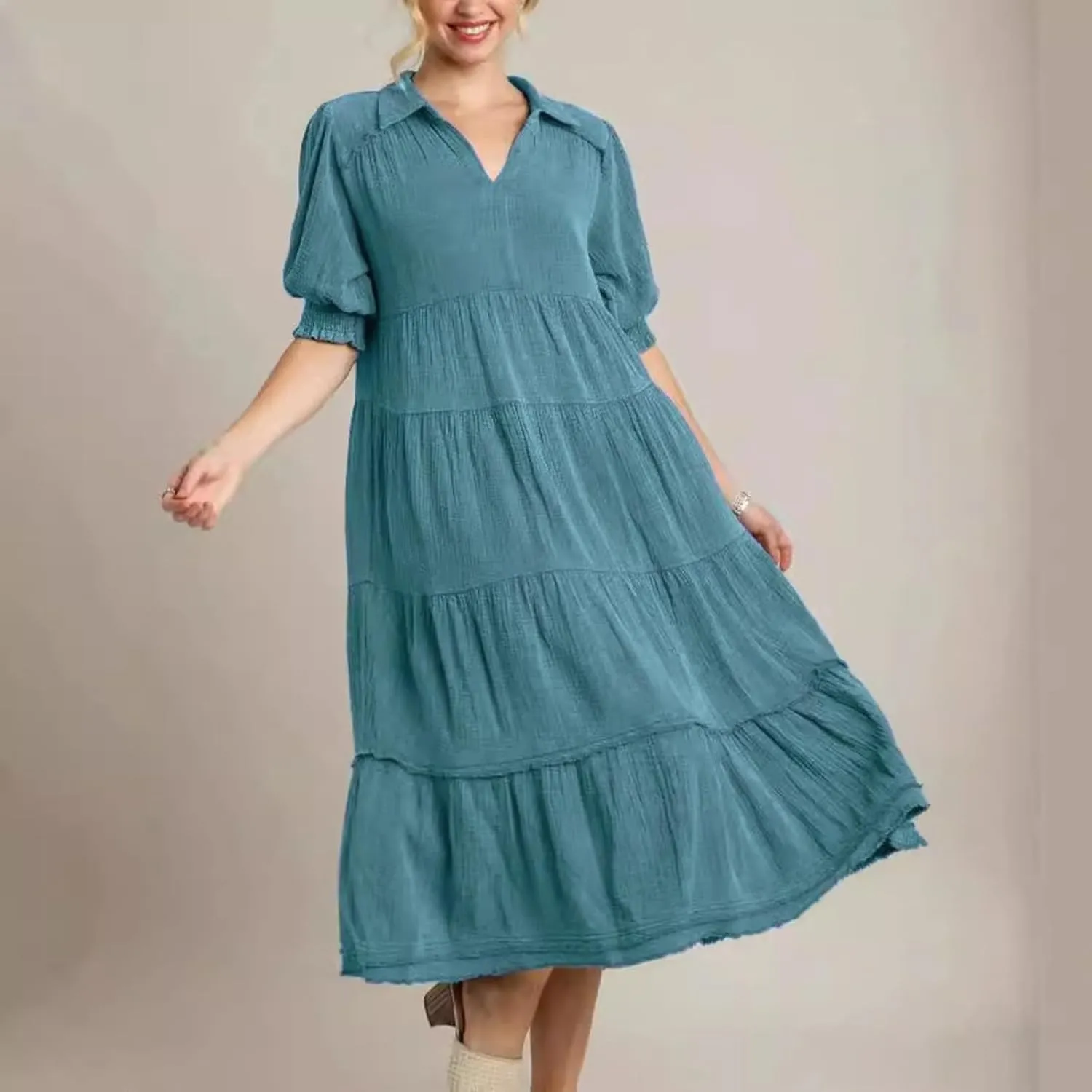 Women's Short Puff Sleeve High Waist Maxi Dress, Summer Loose Casual V-Neck Flowy Sundress Smocked Tiered Dresses