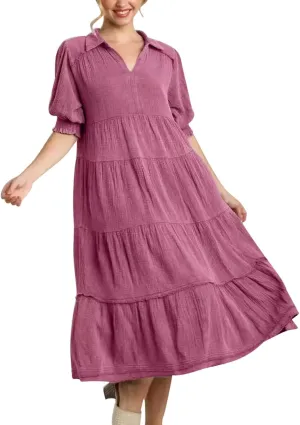 Women's Short Puff Sleeve High Waist Maxi Dress, Summer Loose Casual V-Neck Flowy Sundress Smocked Tiered Dresses