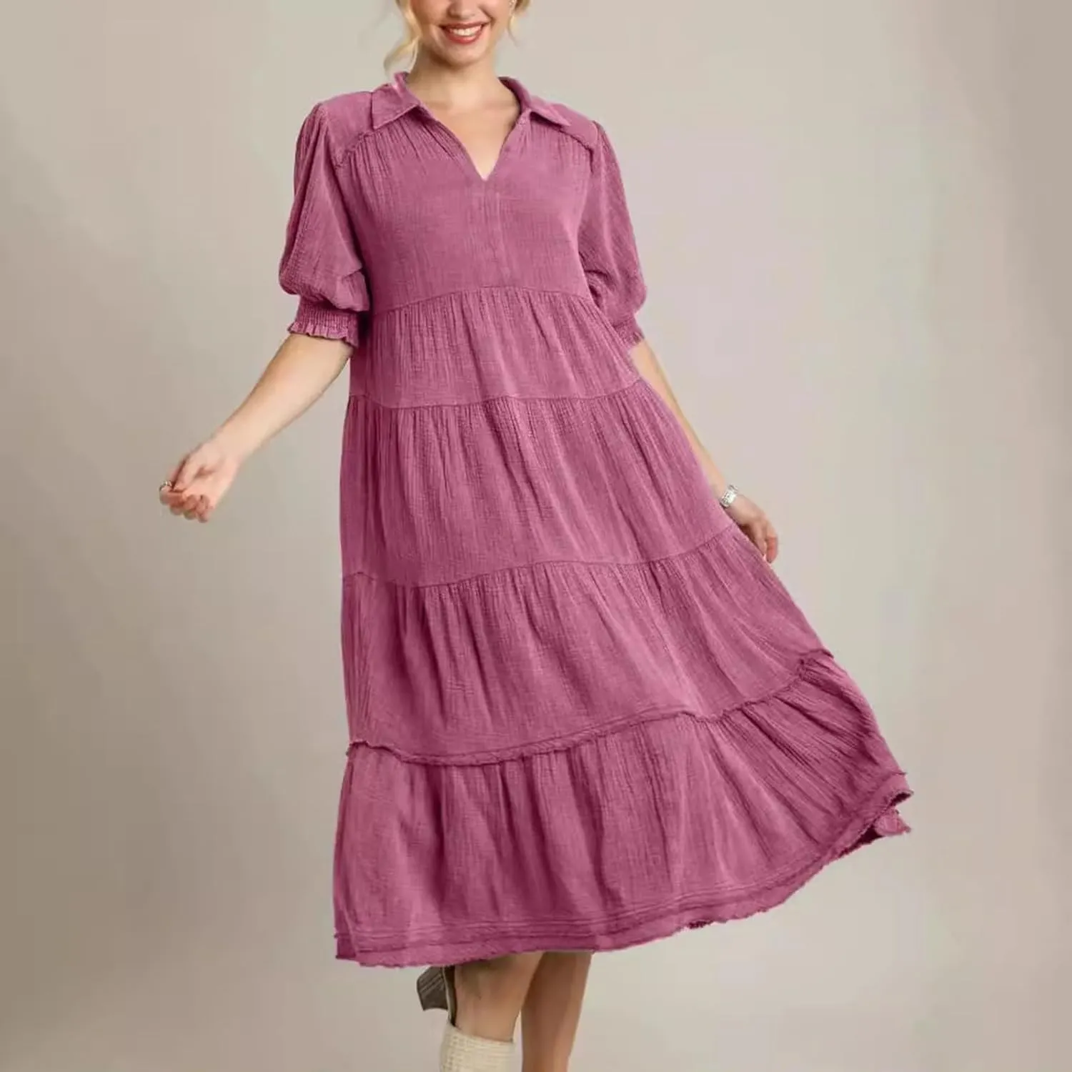 Women's Short Puff Sleeve High Waist Maxi Dress, Summer Loose Casual V-Neck Flowy Sundress Smocked Tiered Dresses