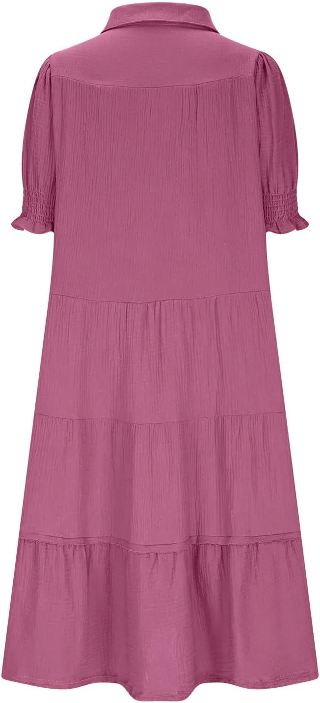Women's Short Puff Sleeve High Waist Maxi Dress, Summer Loose Casual V-Neck Flowy Sundress Smocked Tiered Dresses