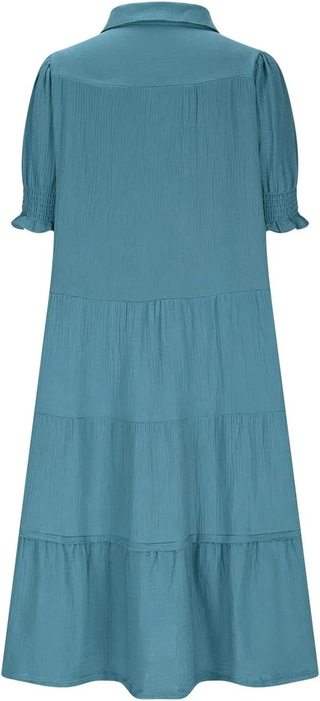 Women's Short Puff Sleeve High Waist Maxi Dress, Summer Loose Casual V-Neck Flowy Sundress Smocked Tiered Dresses