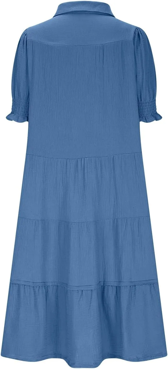 Women's Short Puff Sleeve High Waist Maxi Dress, Summer Loose Casual V-Neck Flowy Sundress Smocked Tiered Dresses