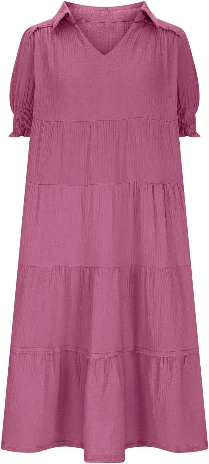 Women's Short Puff Sleeve High Waist Maxi Dress, Summer Loose Casual V-Neck Flowy Sundress Smocked Tiered Dresses