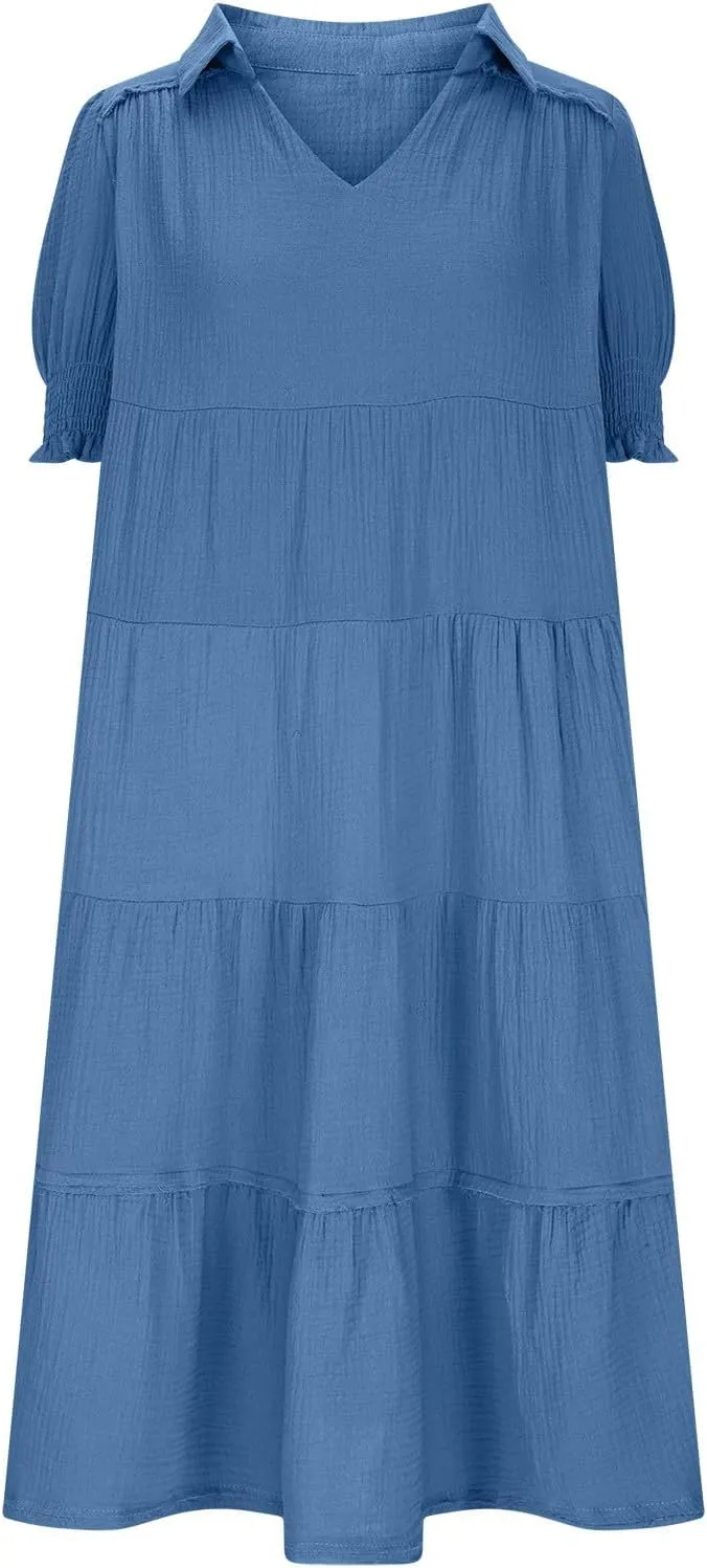 Women's Short Puff Sleeve High Waist Maxi Dress, Summer Loose Casual V-Neck Flowy Sundress Smocked Tiered Dresses