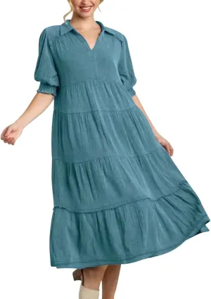 Women's Short Puff Sleeve High Waist Maxi Dress, Summer Loose Casual V-Neck Flowy Sundress Smocked Tiered Dresses