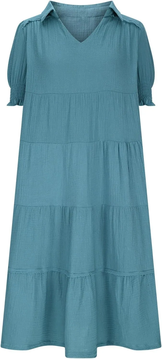 Women's Short Puff Sleeve High Waist Maxi Dress, Summer Loose Casual V-Neck Flowy Sundress Smocked Tiered Dresses