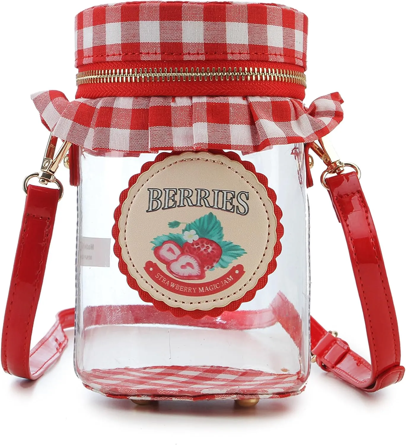 Women's Shoulder Bag Strawberry Jam Bottle Shaped Transparent Crossbody Purse with Red & White Checkered Lid Cute Mini Purse for Casual Outfit