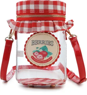 Women's Shoulder Bag Strawberry Jam Bottle Shaped Transparent Crossbody Purse with Red & White Checkered Lid Cute Mini Purse for Casual Outfit