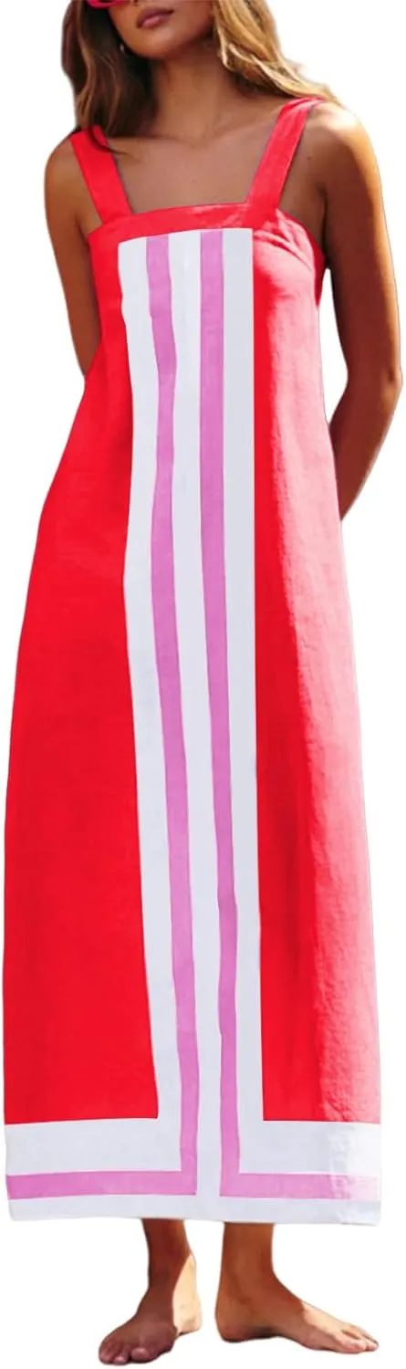 Womens Sleeveless Striped Flowy Square Neck Backless Boho Floral Maxi Beach Casual Summer Overall Dress Coverups