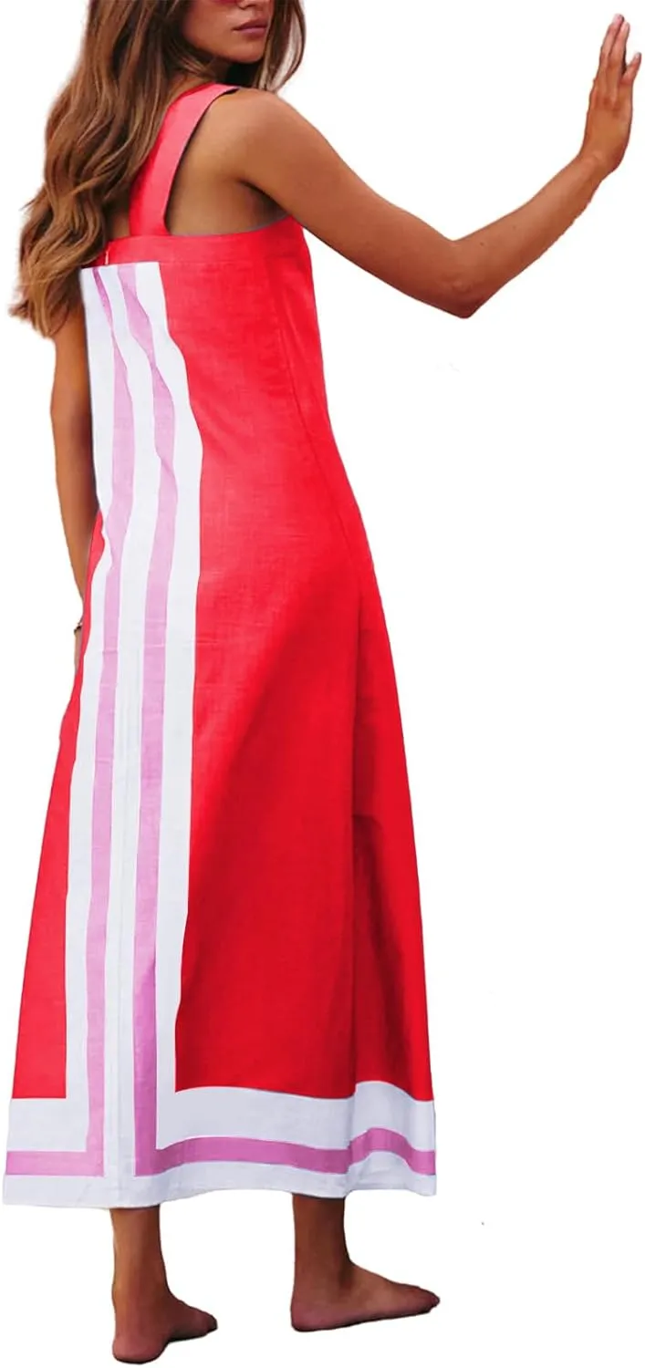 Womens Sleeveless Striped Flowy Square Neck Backless Boho Floral Maxi Beach Casual Summer Overall Dress Coverups