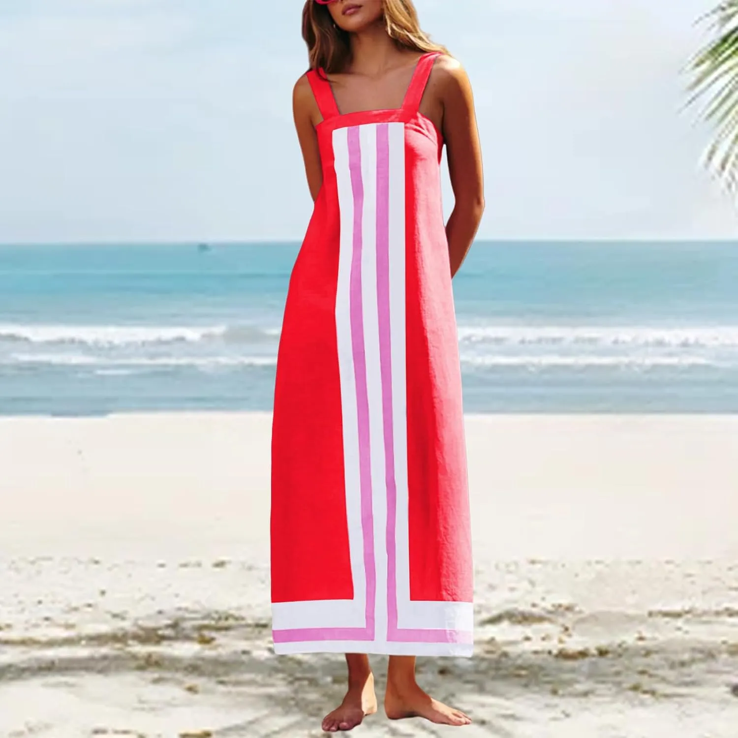 Womens Sleeveless Striped Flowy Square Neck Backless Boho Floral Maxi Beach Casual Summer Overall Dress Coverups