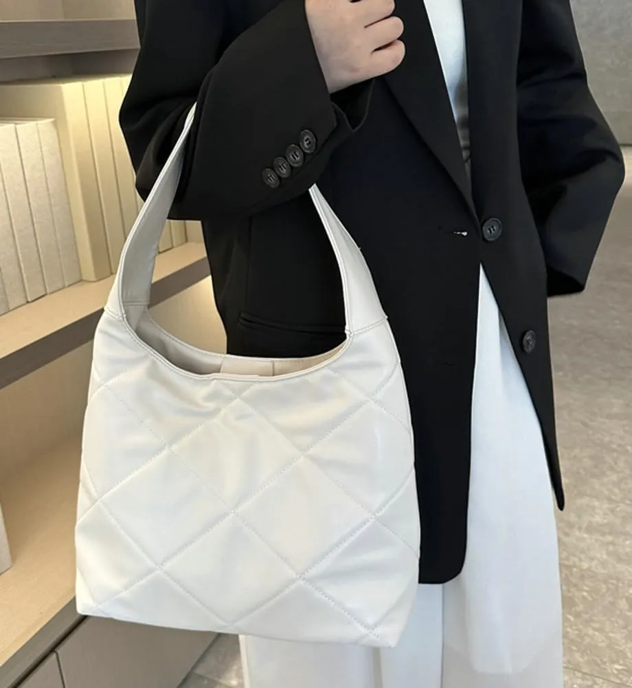 Women's Soft Quilted Shoulder Bag PU Leather Tote Bag Large Diamond Handbag Underarm Purse Top Handle Bag
