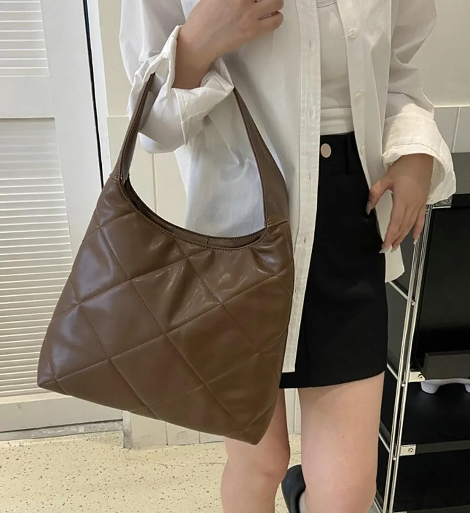 Women's Soft Quilted Shoulder Bag PU Leather Tote Bag Large Diamond Handbag Underarm Purse Top Handle Bag