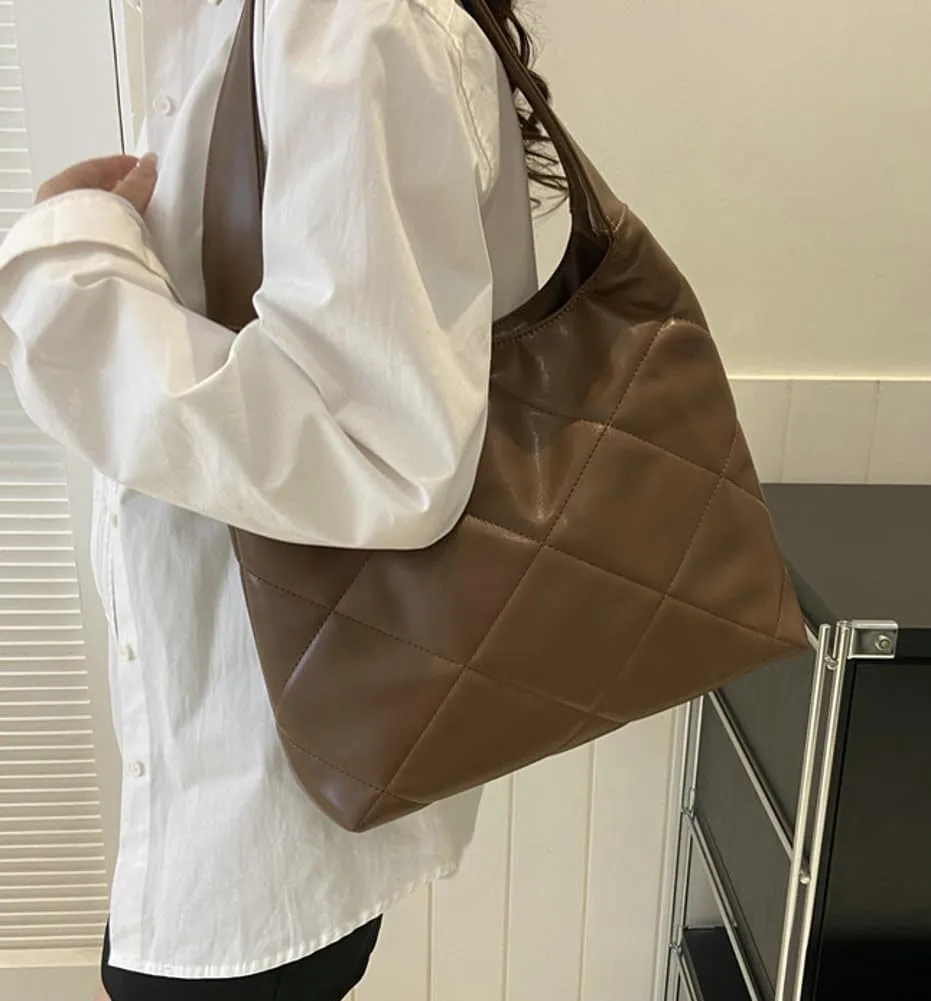 Women's Soft Quilted Shoulder Bag PU Leather Tote Bag Large Diamond Handbag Underarm Purse Top Handle Bag