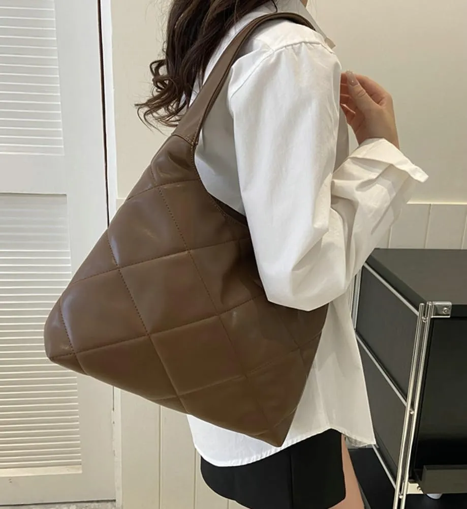 Women's Soft Quilted Shoulder Bag PU Leather Tote Bag Large Diamond Handbag Underarm Purse Top Handle Bag
