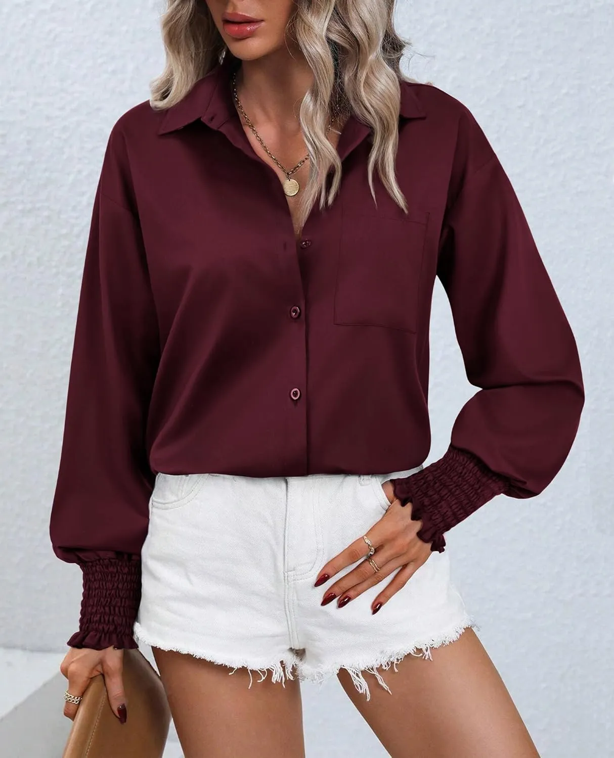 Womens Striped Button Down Shirts Smocked Long Puff Sleeve Oversized Boyfriend Blouses Loose Pocket Office Work Tops