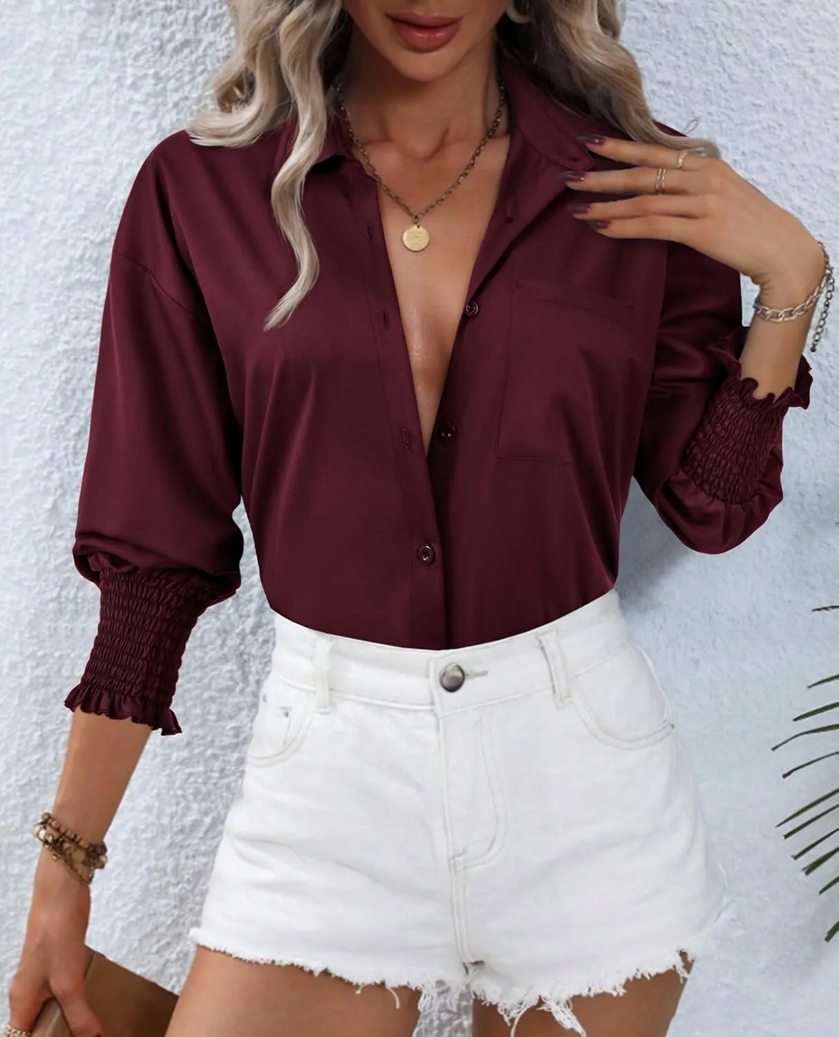 Womens Striped Button Down Shirts Smocked Long Puff Sleeve Oversized Boyfriend Blouses Loose Pocket Office Work Tops
