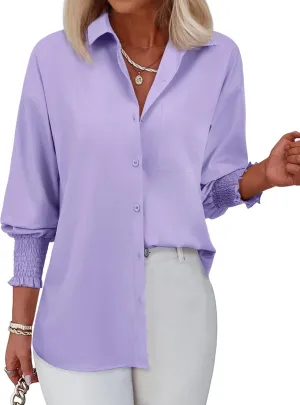 Womens Striped Button Down Shirts Smocked Long Puff Sleeve Oversized Boyfriend Blouses Loose Pocket Office Work Tops