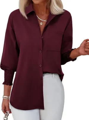 Womens Striped Button Down Shirts Smocked Long Puff Sleeve Oversized Boyfriend Blouses Loose Pocket Office Work Tops