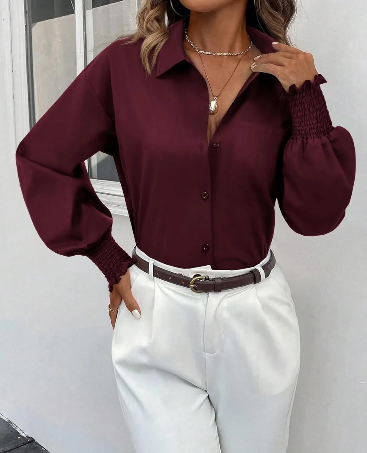 Womens Striped Button Down Shirts Smocked Long Puff Sleeve Oversized Boyfriend Blouses Loose Pocket Office Work Tops