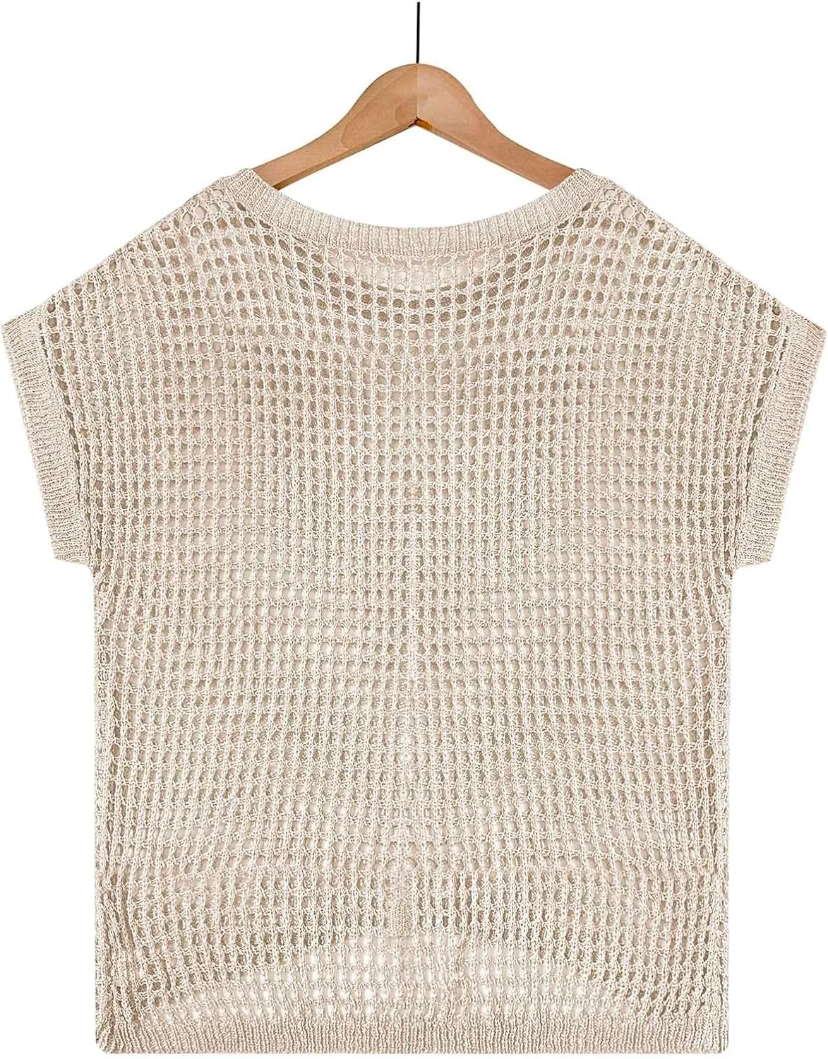 Womens Summer Crewneck Short Sleeve Tops Crochet Hollow Out Knit Pullover Shirts Casaul Loose Fit Beach Coverups