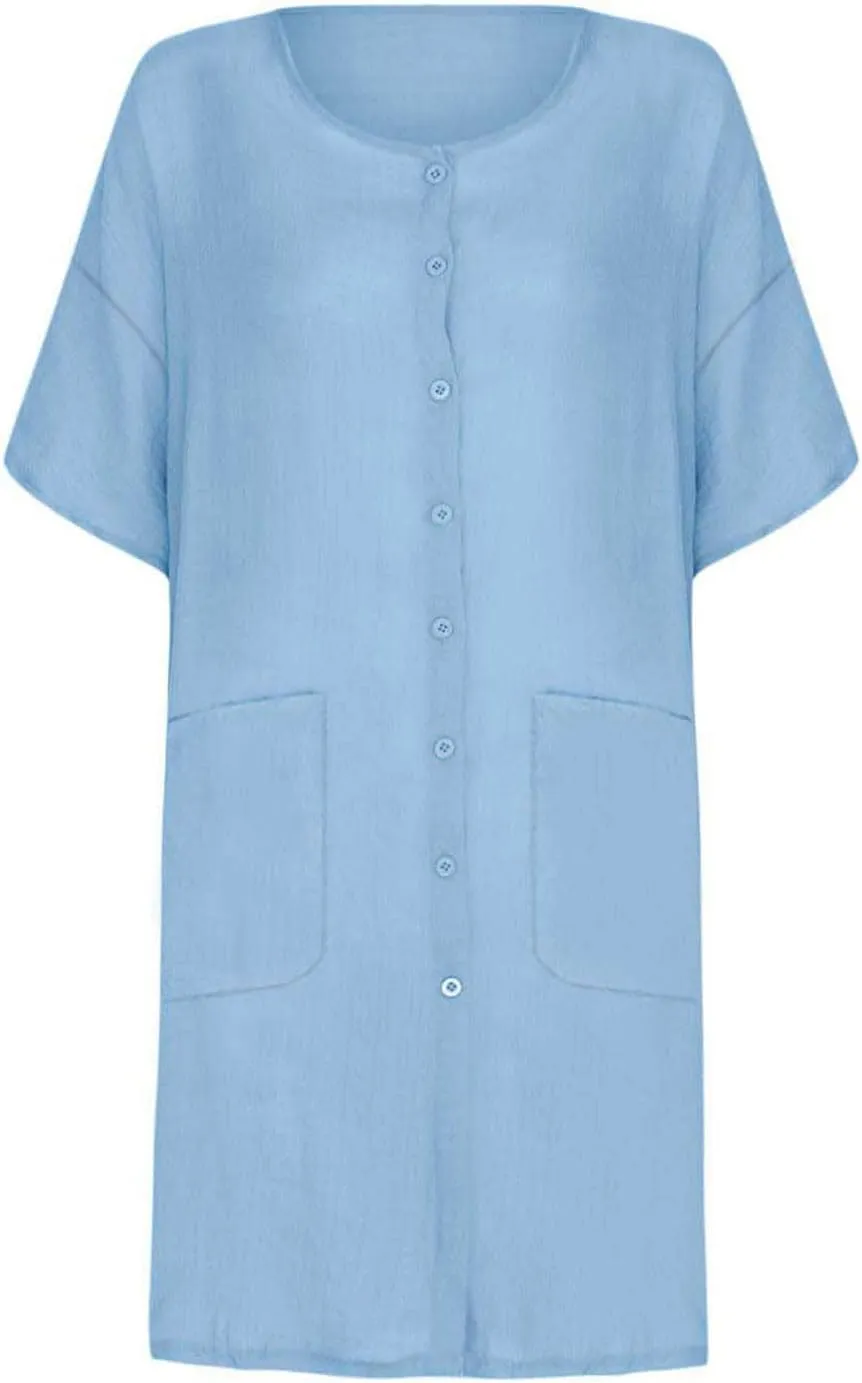 Womens Summer Dresses Cotton Linen Short Sleeve Knee Length Dresses Plus Size Button Down Dresses Trendy Summer Outfits