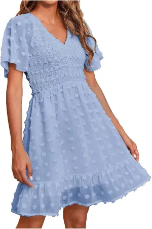 Womens Summer Dresses Short Flutter Sleeve v Neck Dresses Casual Empire Waist A-Line Dresses Mini Vacation Sundresses