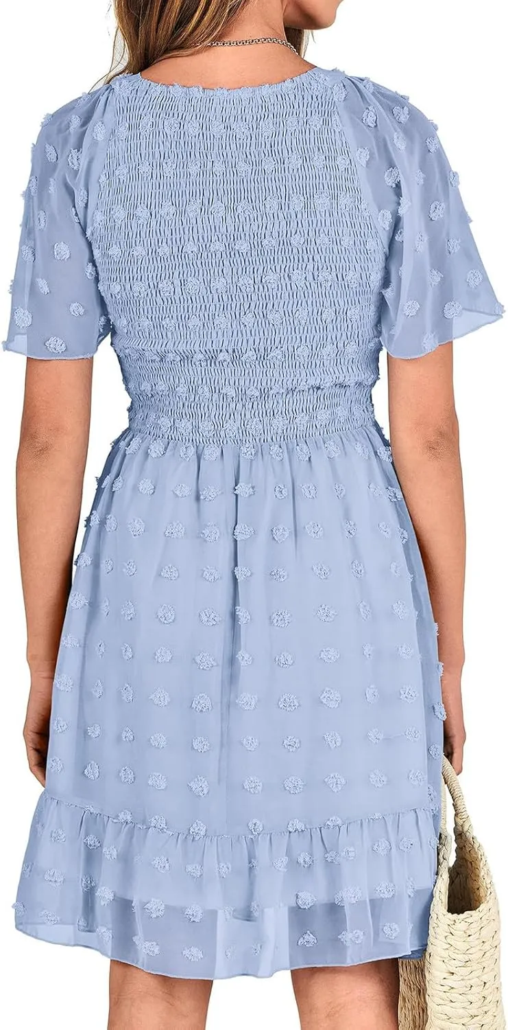 Womens Summer Dresses Short Flutter Sleeve v Neck Dresses Casual Empire Waist A-Line Dresses Mini Vacation Sundresses