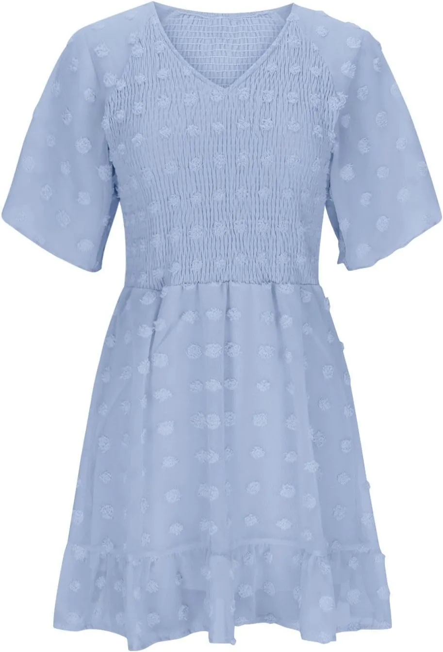 Womens Summer Dresses Short Flutter Sleeve v Neck Dresses Casual Empire Waist A-Line Dresses Mini Vacation Sundresses