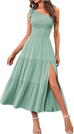 Women's Summer Elegant Party Dresses Sexy One Shoulder Sleeveless Knot Smocked Midi Dress Split Tiered Flowy Dresses