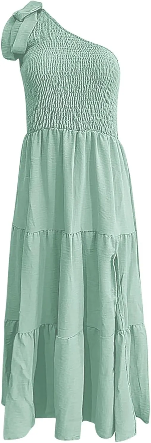 Women's Summer Elegant Party Dresses Sexy One Shoulder Sleeveless Knot Smocked Midi Dress Split Tiered Flowy Dresses