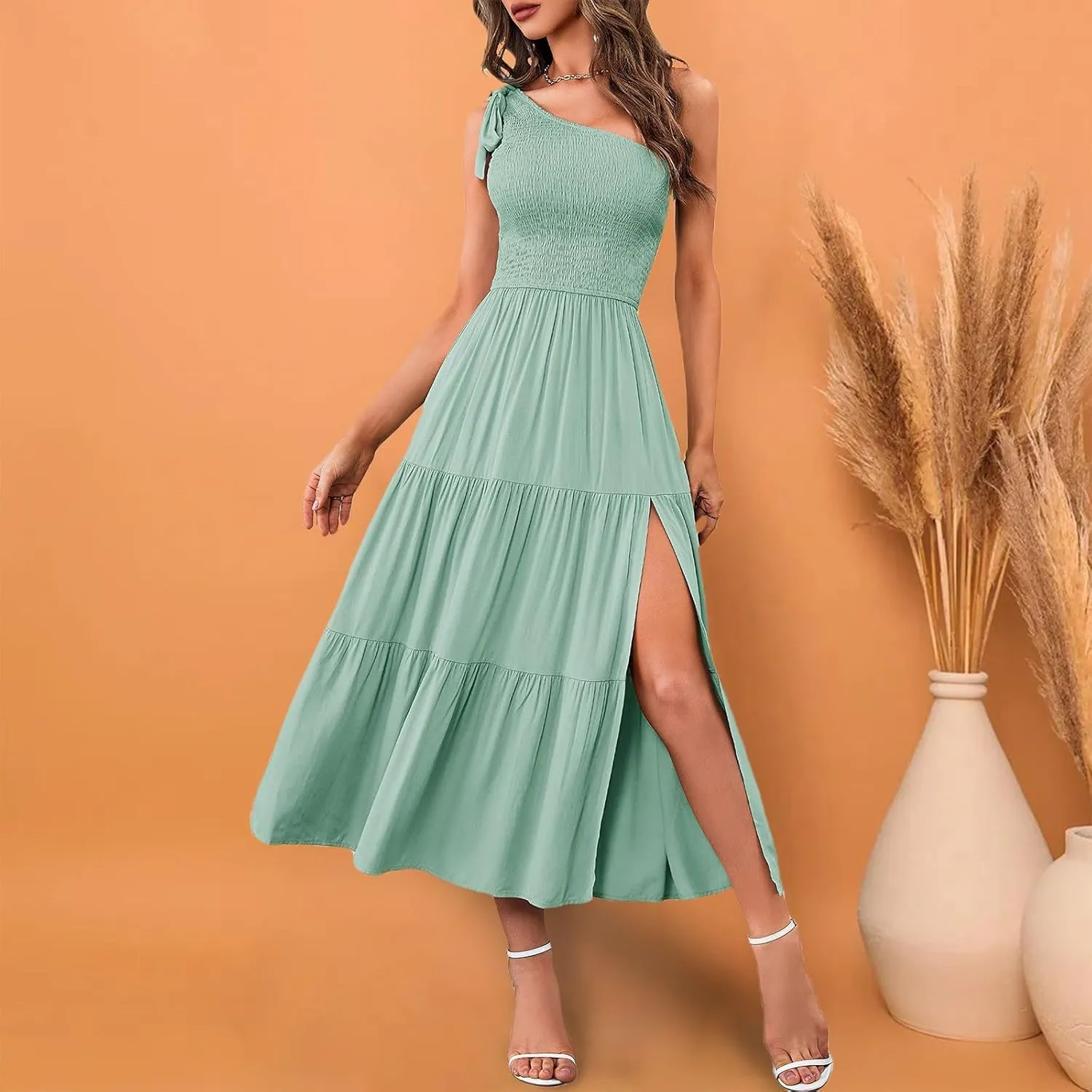 Women's Summer Elegant Party Dresses Sexy One Shoulder Sleeveless Knot Smocked Midi Dress Split Tiered Flowy Dresses