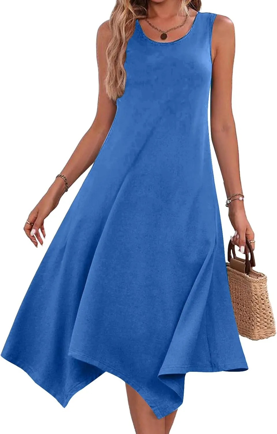 Women's Trendy Dress Round Neck Sleeveless Dress Casual Irregular A-line Hem Long Dresses Daily Vacation Wear